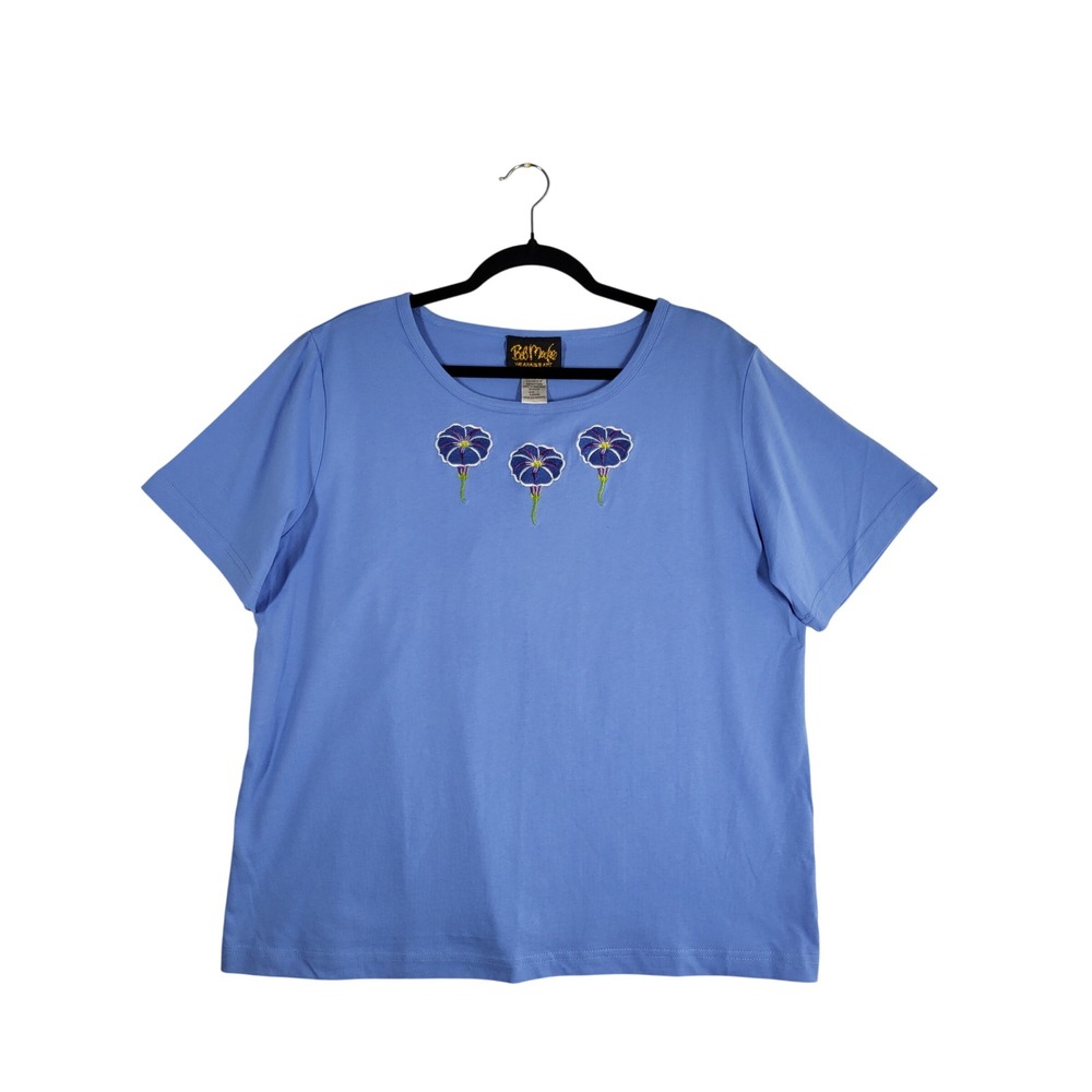 VTG Bob Mackie Wearable Art Blue Morning Glory Embroidered Cotton Tee‎ L Top NEW